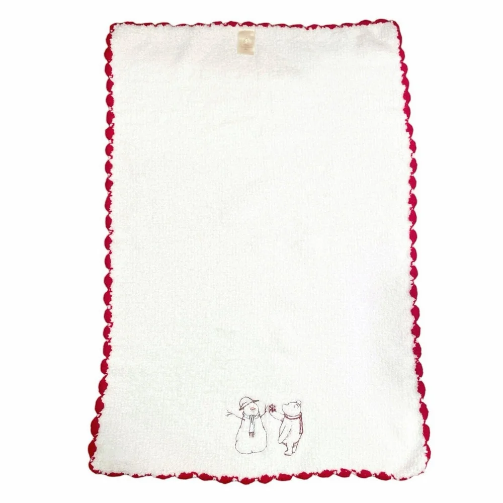 Disney Classic Winnie the Pooh Chenille Baby Blanket Snowman White Red Trim HTF